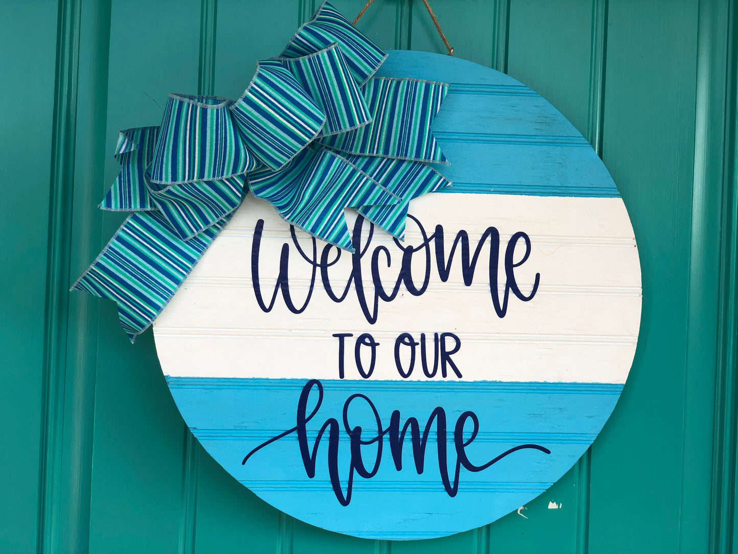 Welcome to our Home Wood Round - Blue Stripes