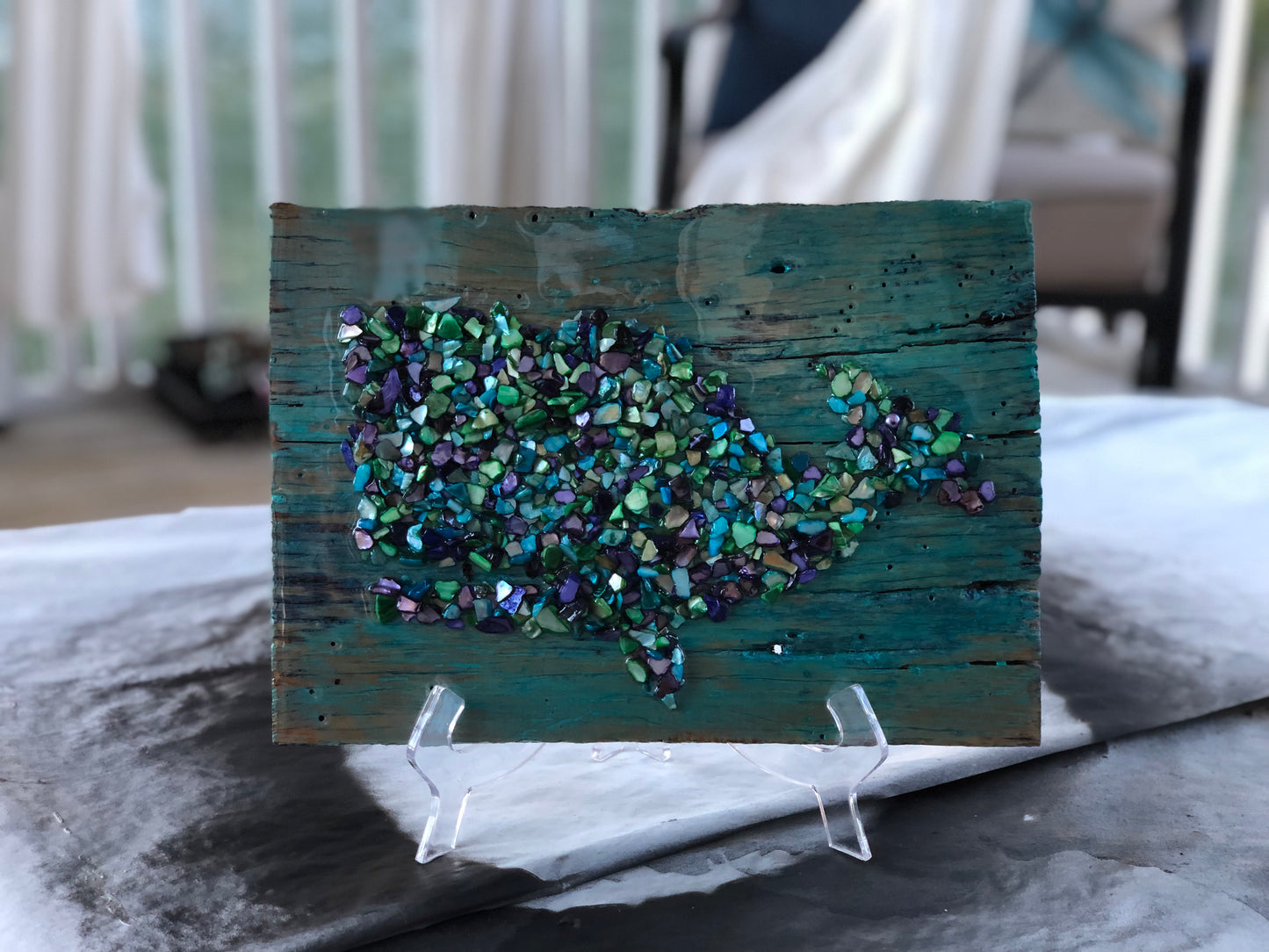 Crushed Seashell Whale on Reclaimed Barn Wood Multi-Colored